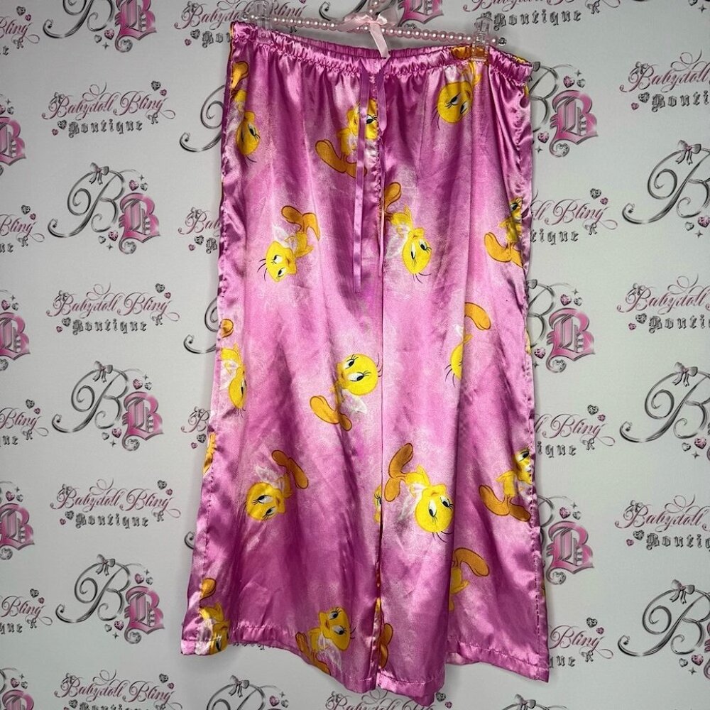 Tweety bird pants capri crop Pink Satin Looney Tunes Pajama Pants